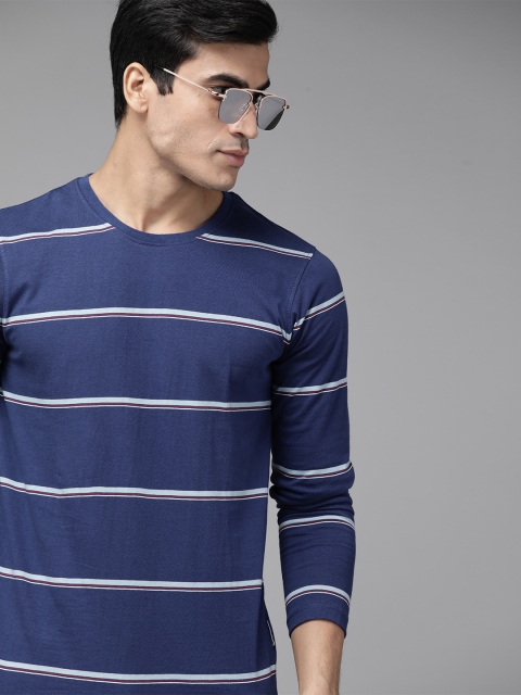 

Roadster Men Blue & White Pure Cotton Striped T-shirt