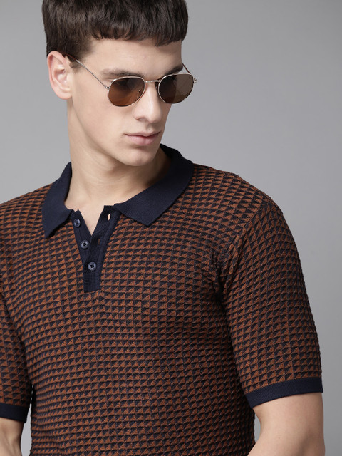 

The Roadster Lifestyle Co Men Rust Orange & Navy Blue Self Design Pure Cotton Polo Collar T-shirt