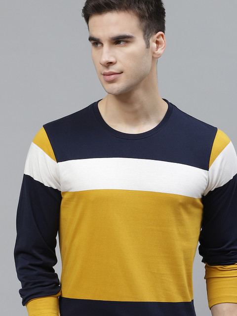 

The Roadster Lifestyle Co Men Yellow Navy Blue Pure Cotton Colourblocked Round Neck Pure Cotton T-shirt