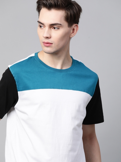 

Roadster Men White & Teal Blue Pure Cotton Colourblocked T-shirt