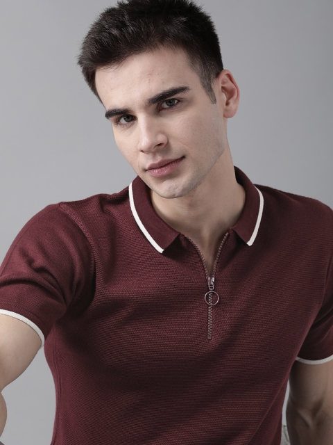 

Roadster Men Maroon Self Design Polo Collar Pure Cotton T-shirt, Burgundy