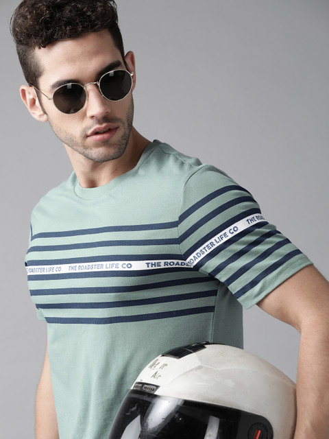 

The Roadster Lifestyle Co Men Green Blue Striped Round Neck Pure Cotton T-shirt