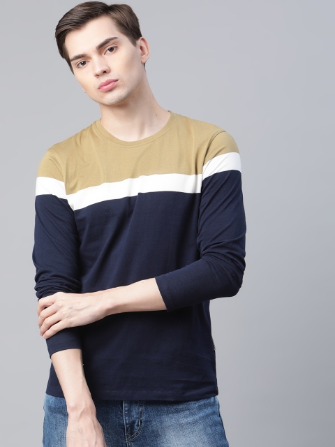 

Roadster Men Navy Blue & Beige Colourblocked Pure Cotton T-shirt