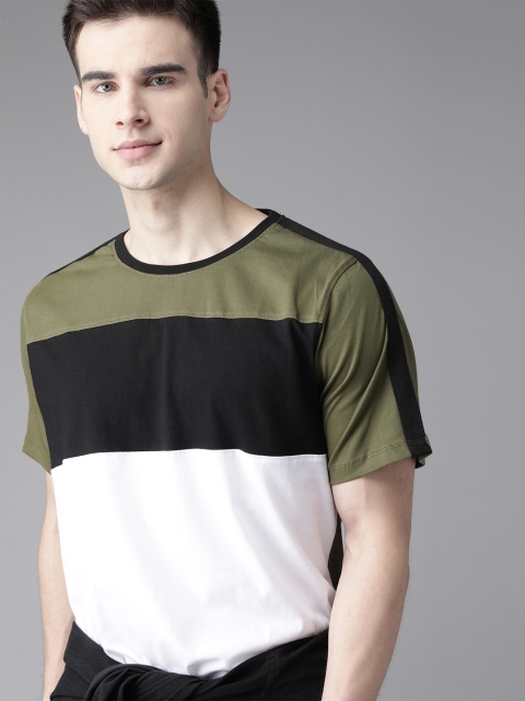

The Roadster Lifestyle Co Men White Olive Green Colourblocked Round Neck Pure Cotton T-shirt