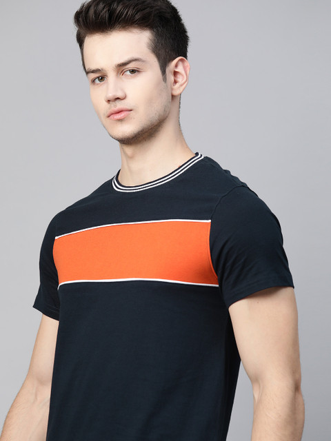 

The Roadster Lifestyle Co Men Black Orange Colourblocked Pure Cotton T-shirt