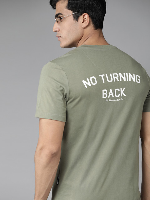 

Roadster Men Green Pure Cotton Printed Back Round Neck T-shirt