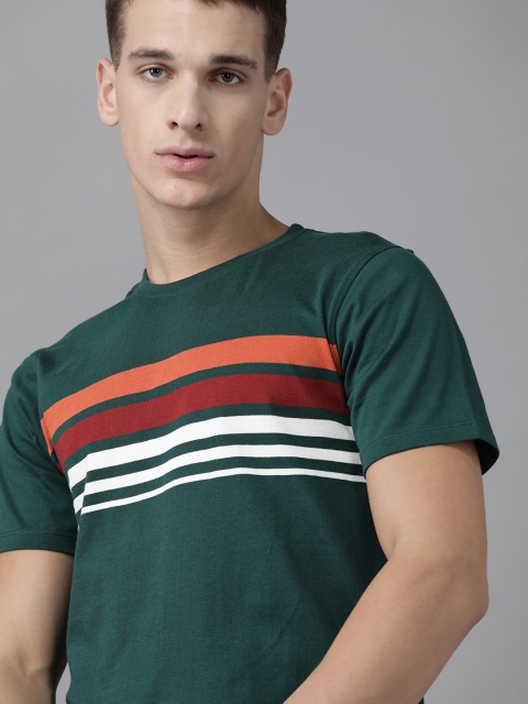 

Roadster Men Green Pure Cotton Striped Round Neck T-shirt