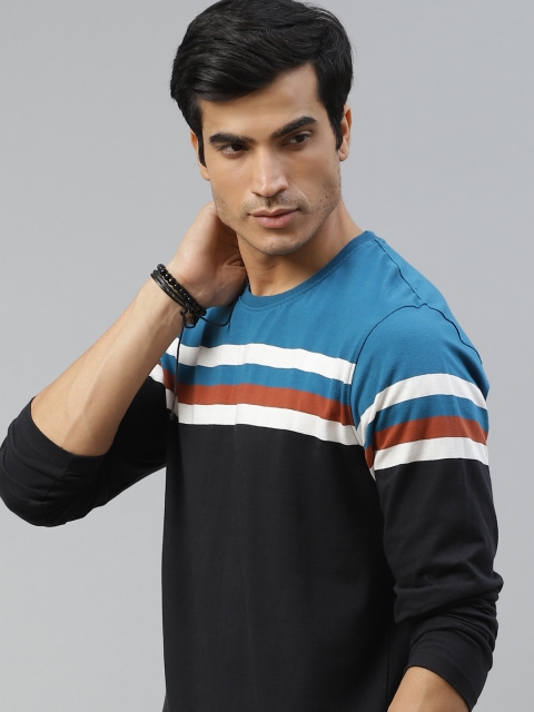 

The Roadster Lifestyle Co Men Black & Blue Pure Cotton Striped T-shirt