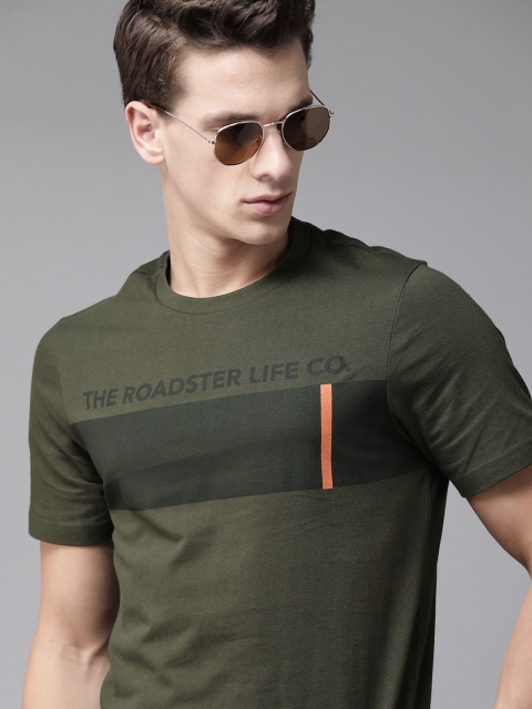 

Roadster Men Olive Green Brand Logo Print Pure Cotton Round Neck T-shirt