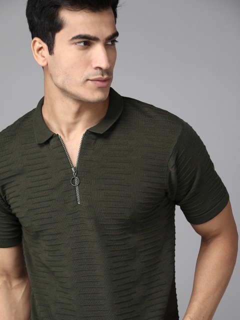 

The Roadster Lifestyle Co Men Olive Green Self Striped Pure Cotton Polo Collar Pure Cotton T-shirt