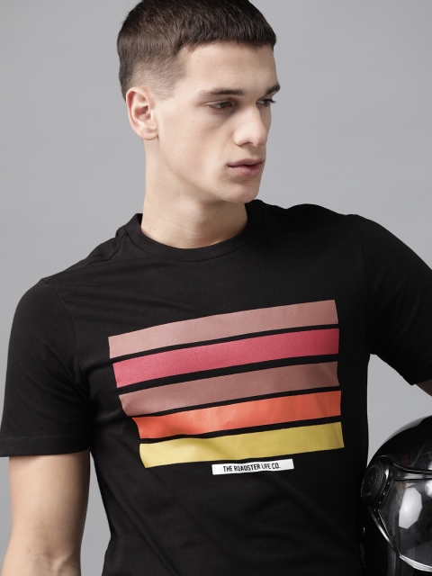 

Roadster Men Black & Yellow Striped Cotton Round Neck T-shirt