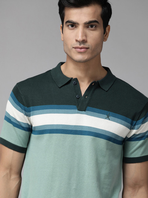 

Roadster Men Green & Off-White Striped Pure Cotton Polo Collar T-shirt