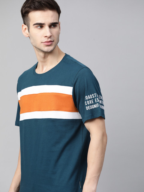 

Roadster Men Teal Green & Orange Pure Cotton Colourblocked T-shirt