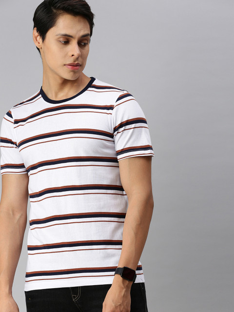 

The Roadster Lifestyle Co Men White Brown Striped Pure Cotton T-shirt