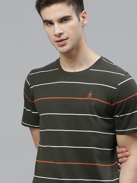 

Roadster Men Olive Green & White Pure Cotton Striped Round Neck T-shirt