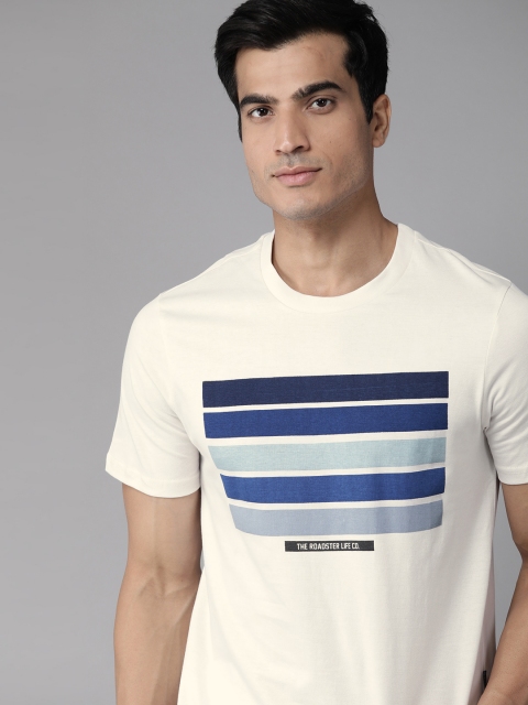 

The Roadster Lifestyle Co Men Off-White & Blue Striped Cotton Round Neck T-shirt