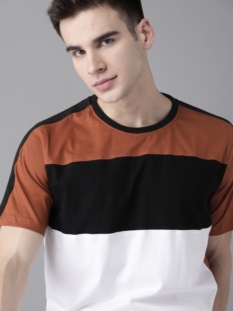 

Roadster Men White & Rust Brown Colourblocked Round Neck Pure Cotton T-shirt