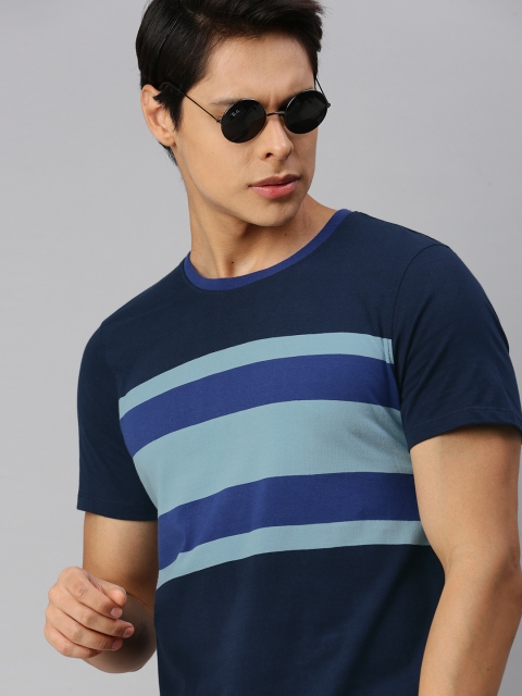 

Roadster Men Blue Striped Pure Cotton T-shirt