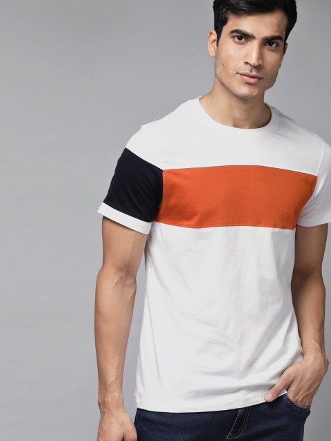 

Roadster Men White & Rust Orange Pure Cotton Colourblocked Round Neck T-shirt