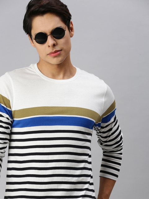 

The Roadster Lifestyle Co Men White Black Striped Pure Cotton T-shirt