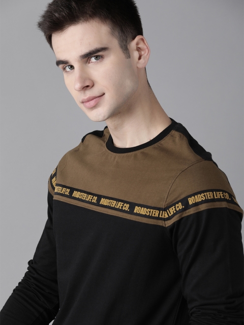 

The Roadster Lifestyle Co Men Black Olive Brown Colourblocked Round Neck Pure Cotton T-shirt