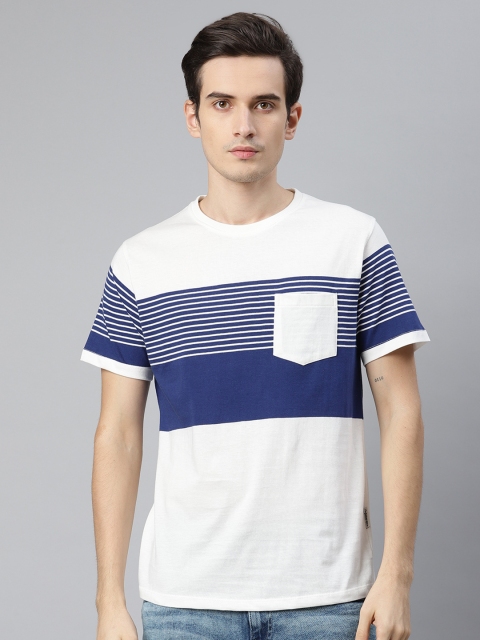 

The Roadster Lifestyle Co Men Blue White Pure Cotton Striped Round Neck Pure Cotton T-shirt