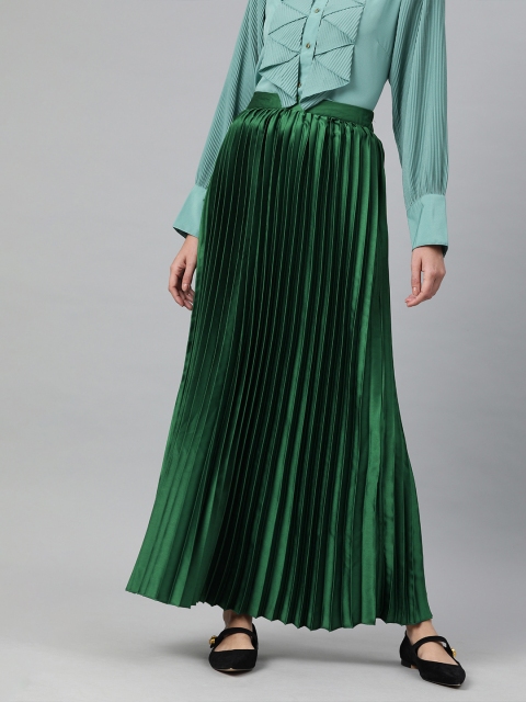 

plusS Women Green Solid Satin Finish Accordion Pleated A-Line Skirt