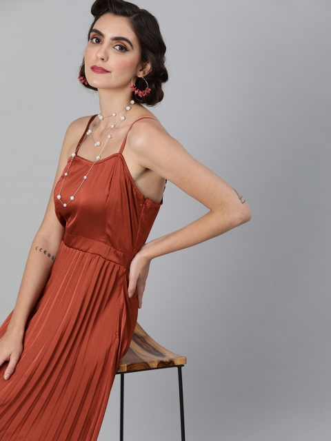 

plusS Women Rust Brown Solid Satin Finish Accordion Pleat Midi A-Line Dress