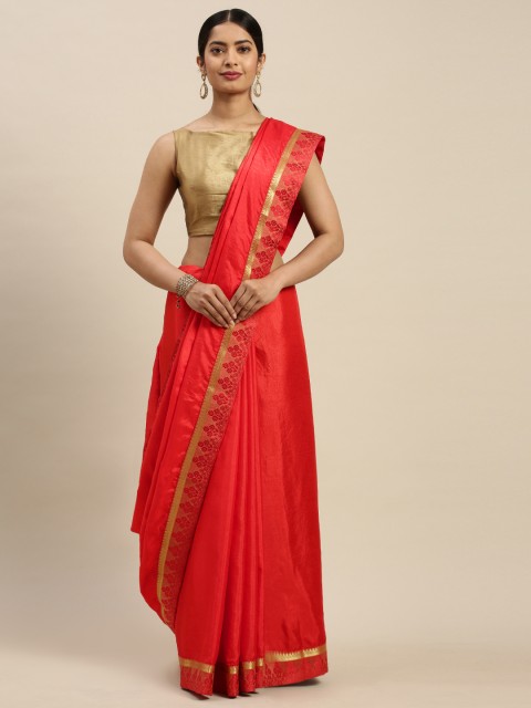

Indian Women Red & Golden Solid Ready to Wear Saree