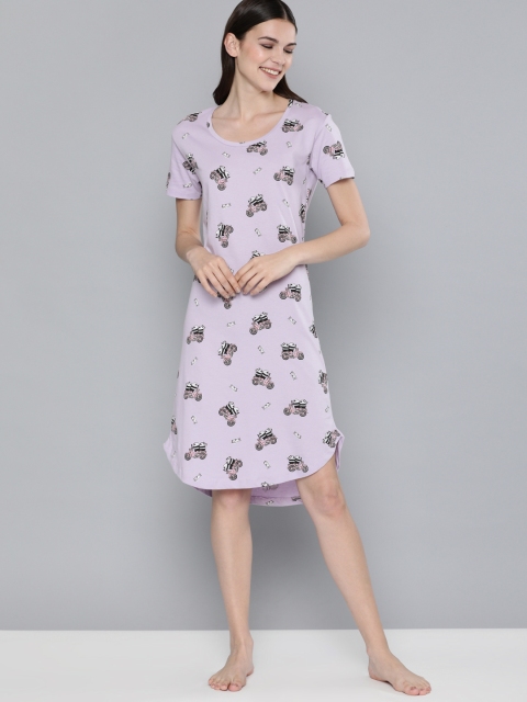 

HERE&NOW Women Lavender & Black Pure Cotton Conversational Print Sleep Shirt