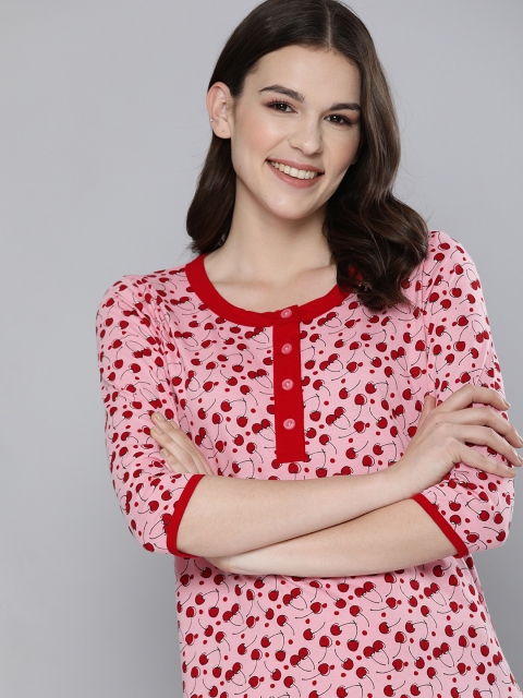 

HERE&NOW Pink Printed Pure Cotton Nightdress