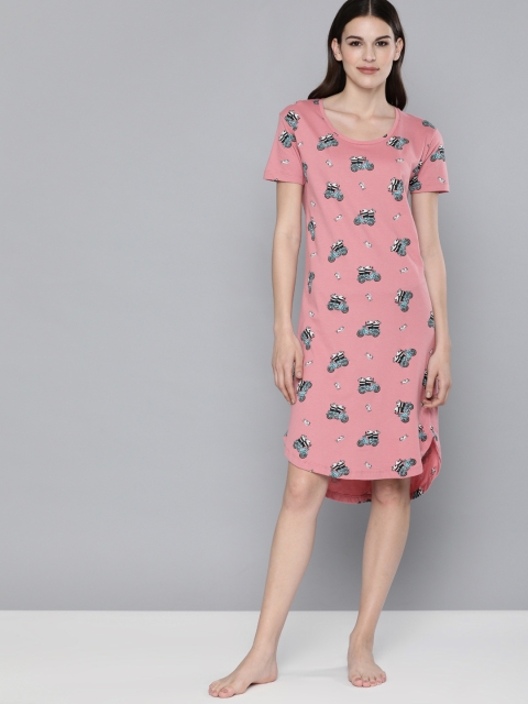 

HERE&NOW Women Pink & Black Pure Cotton Conversational Print Sleep Shirt