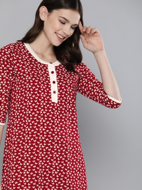 

HERE&NOW Red Printed Pure Cotton Nightdress