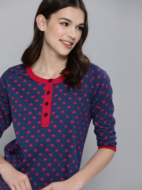 

HERE&NOW Navy Blue Printed Pure Cotton Nightdress
