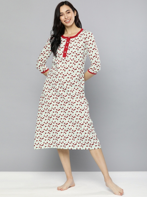 

HERE&NOW Sea Green & Red Pure Cotton Printed Nightdress