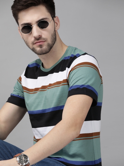 

The Roadster Lifestyle Co Men Green Black Striped Pure Cotton T-shirt