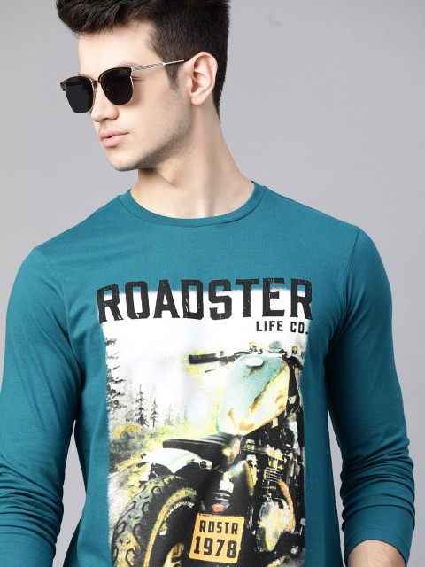

The Roadster Lifestyle Co Men Teal Green & White Pure Cotton Biker Printed T-shirt