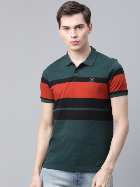 

Roadster Men Green & Rust Orange Striped Pure Cotton Polo Collar T-shirt