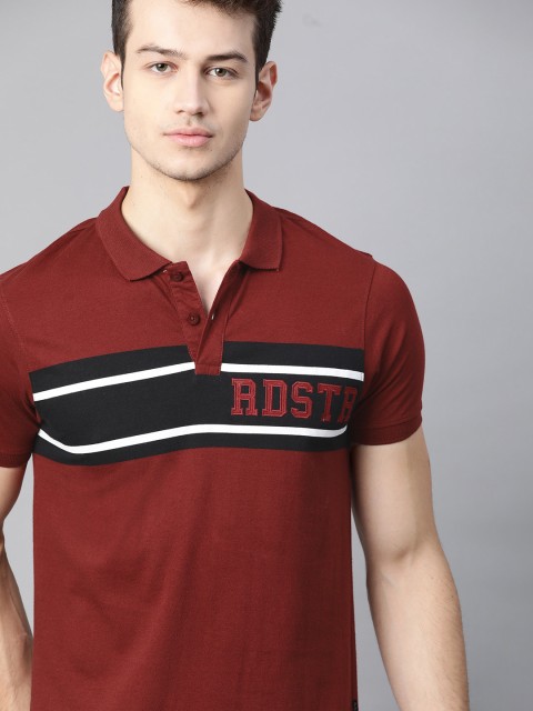 

The Roadster Lifestyle Co Men Rust Red Black Striped Pure Cotton Polo Collar Applique Pure Cotton T-shirt