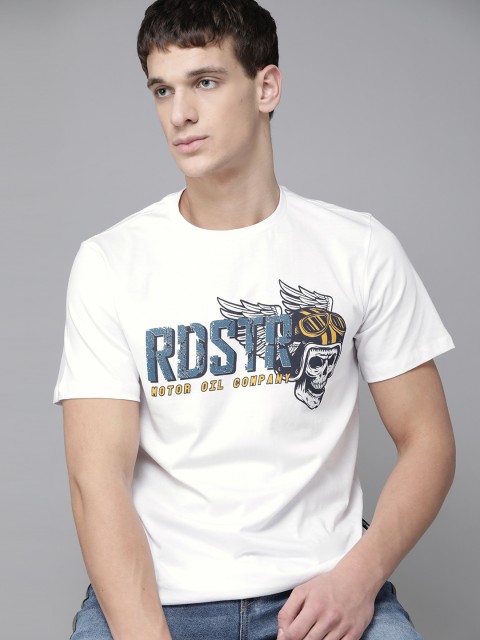 

The Roadster Lifestyle Co Men White & Navy Blue Brand Logo Print Pure Cotton Round Neck T-shirt