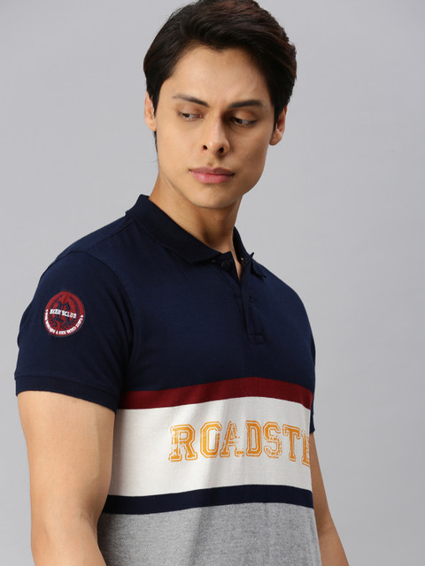 

The Roadster Lifestyle Co Men Navy Blue & Grey Melange Colourblocked Polo Collar T-shirt