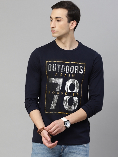 

Roadster Men Navy Blue & Grey Pure Cotton Printed Round Neck T-shirt