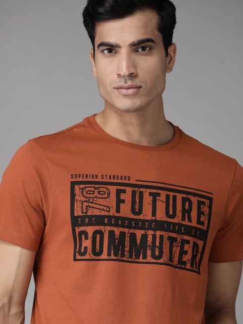 

Roadster Men Rust Orange & Black Typography Print Pure Cotton Round Neck T-shirt