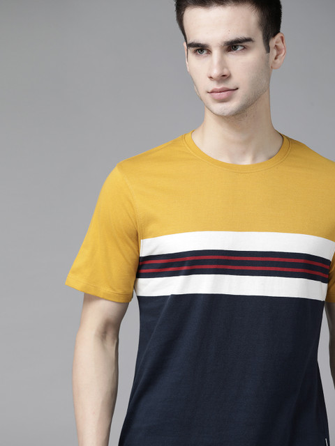 

Roadster Men Mustard Yellow Navy Blue Pure Cotton Colourblocked Pure Cotton T-shirt