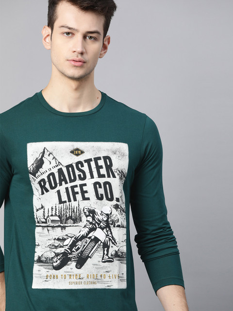 

Roadster Men Teal Green & White Cotton Brand Logo Printed T-shirt