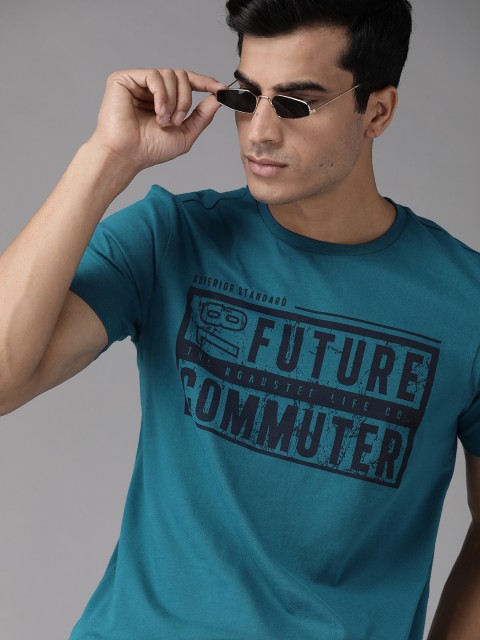 

Roadster Men Teal Blue & Black Typography Print Pure Cotton Round Neck T-shirt