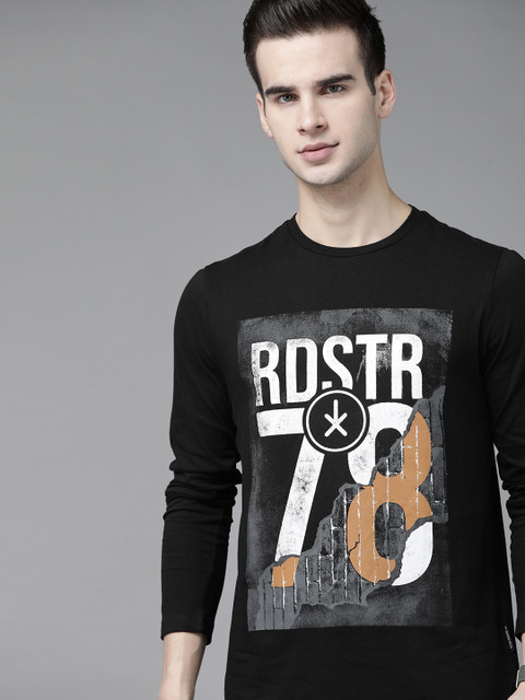 

The Roadster Lifestyle Co Men Black White Pure Cotton Brand Logo Printed Pure Cotton T-shirt