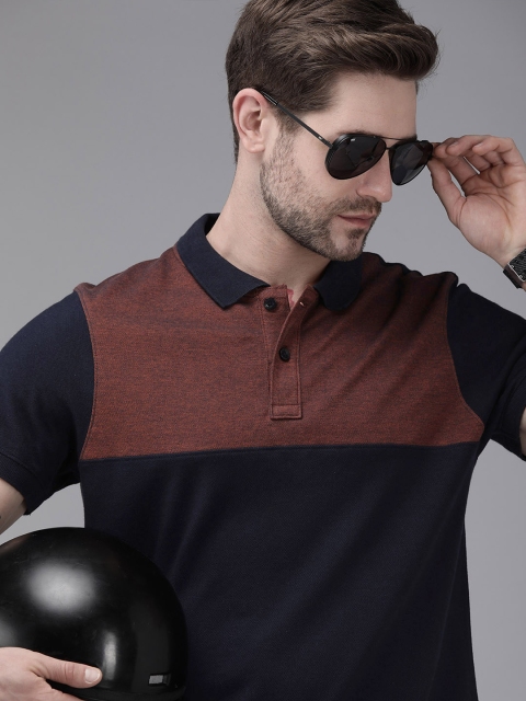 

The Roadster Lifestyle Co Men Navy Blue Brown Colourblocked Polo Collar Pure Cotton T-shirt