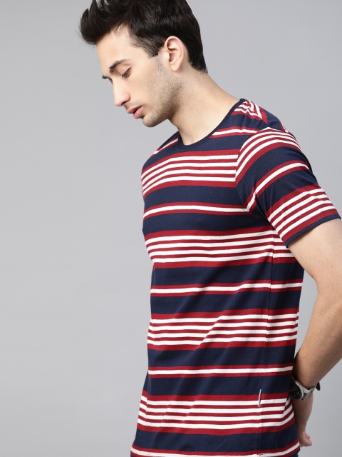 

The Roadster Lifestyle Co Men Navy Blue Maroon Striped Pure Cotton T-shirt