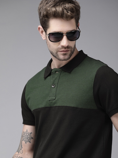 

The Roadster Lifestyle Co Men Black Green Colourblocked Polo Collar Pure Cotton T-shirt
